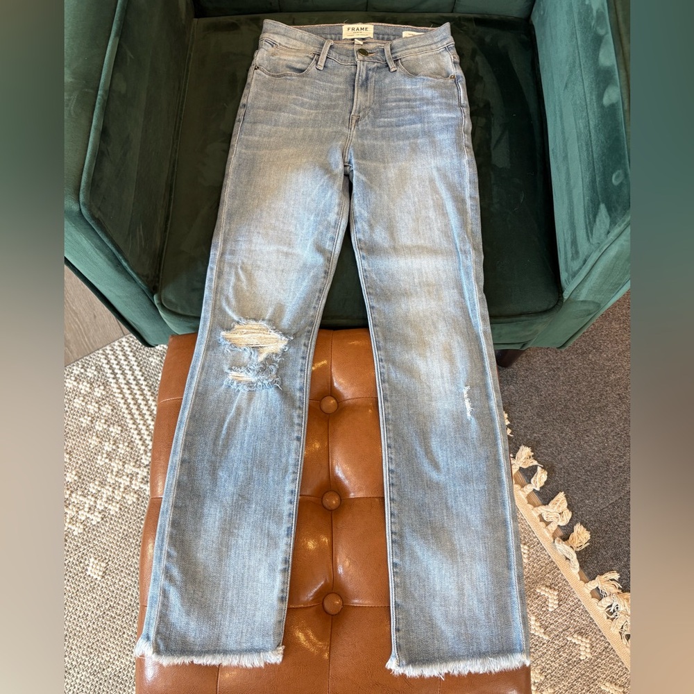 Frame Denim Le High Straight Light Blue Distressed Straight Leg Jeans